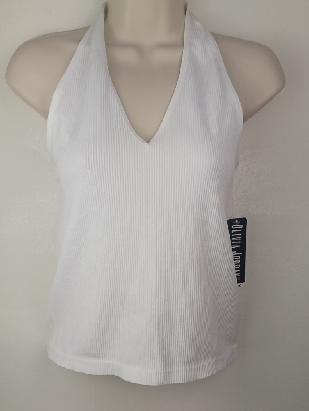 Olivia Jordan White Ribbed Halter V-Neck Tank Top
